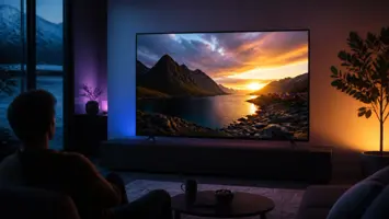 TV med lys solnedgang og detaljerte skygger i en mørk stue