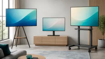 TV på gulvstativ, bordstativ og tralle ved siden av hverandre