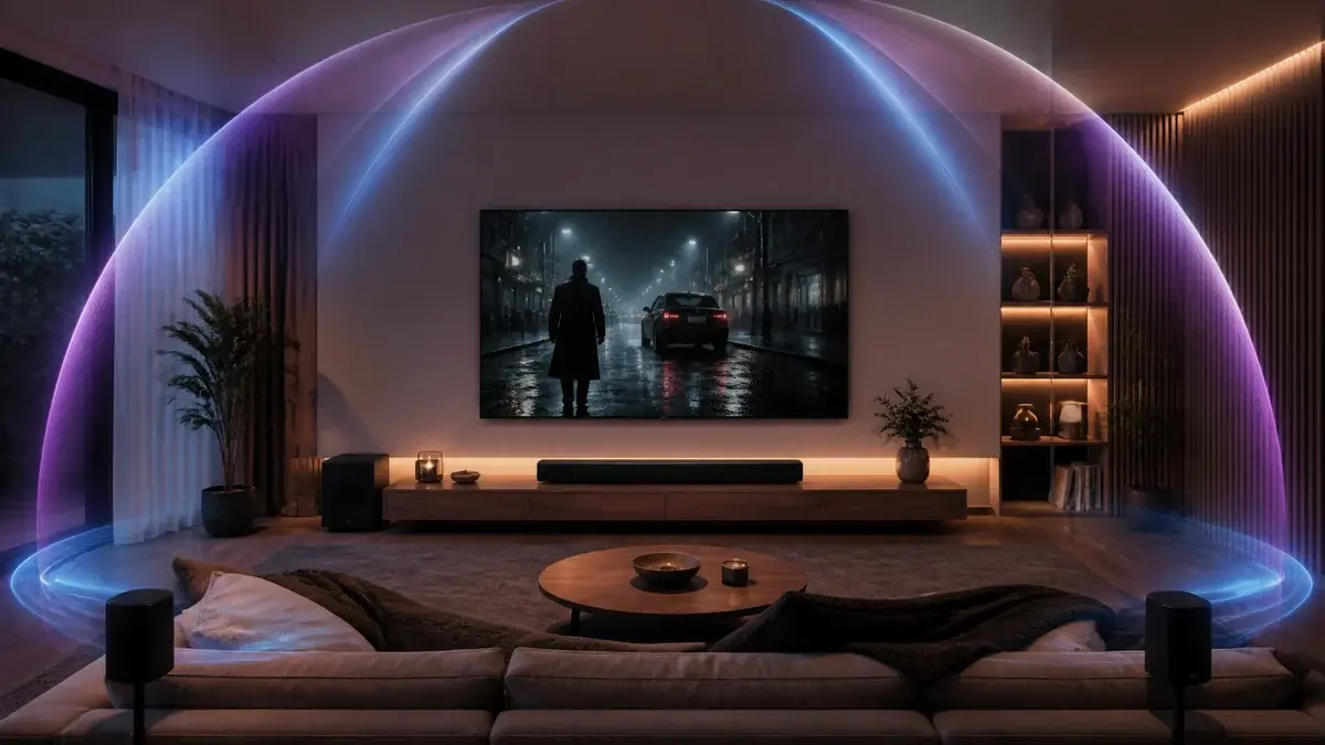 TV, lydplanke, subwoofer og bakhøyttalere i en hjemmekino