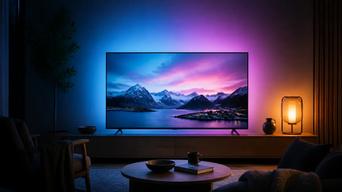TV med blått og fiolett stemningslys på veggen bak skjermen