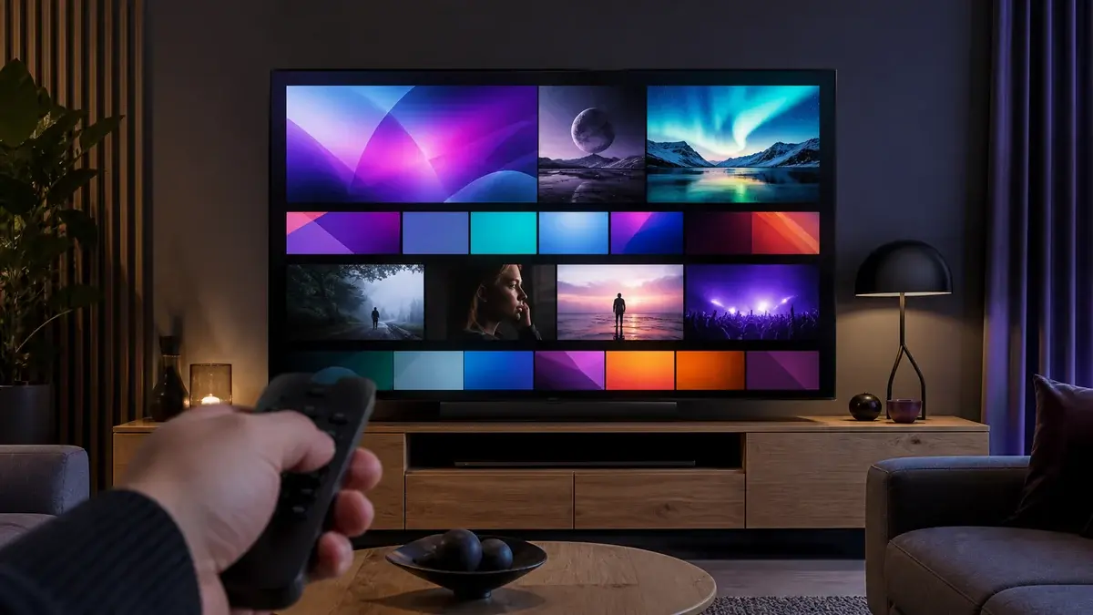 Smart-TV med bildefliser på skjermen og fjernkontroll i forgrunnen