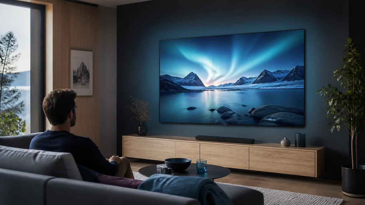 Stor 75-tommers TV i en skandinavisk stue med seer i sofaen